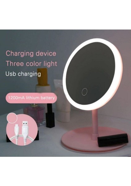 Dönebilen Pembe Şarjlı LED Dokunmatik Ayaklı Masa Makyaj Aynası