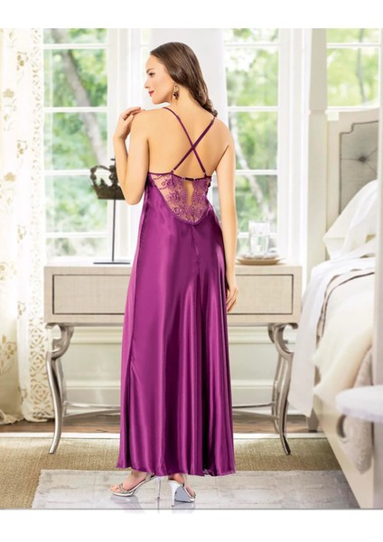 Kuasar Seri Yeni Sezon Kadın Şık Rahat Fantezi Seksi Erotik Dantelli Mor Uzun Gecelik