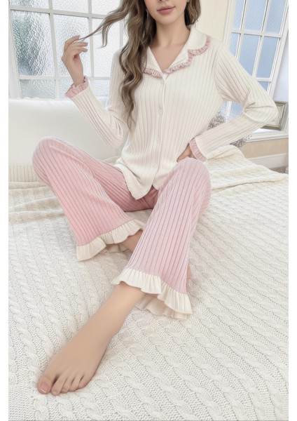 Toz Pembe Fırfır Detaylı Yeni Sezon Şık Pijama Takımı fiyatları