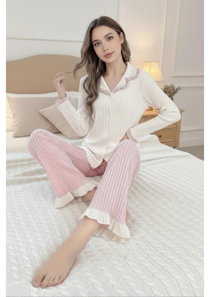Toz Pembe Fırfır Detaylı Yeni Sezon Şık Pijama Takımı modelleri