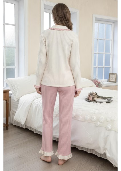 Toz Pembe Fırfır Detaylı Yeni Sezon Şık Pijama Takımı fırsatları