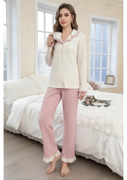 Toz Pembe Fırfır Detaylı Yeni Sezon Şık Pijama Takımı indirimleri