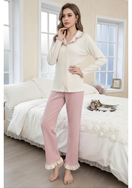 Toz Pembe Fırfır Detaylı Yeni Sezon Şık Pijama Takımı