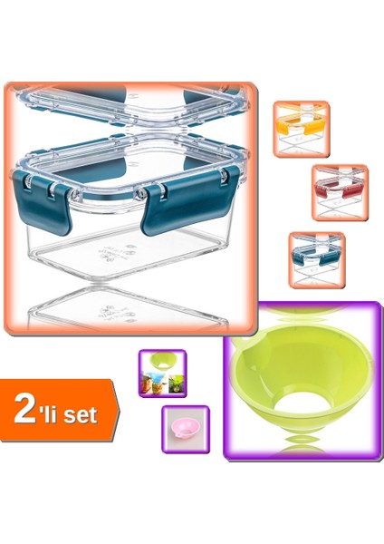 Geniş Ağızlı Kavanoz Hunisi + 3 Adet Dikdörtgen Erzak Kabı 375 ml Saklama Seti M4T9ZQ