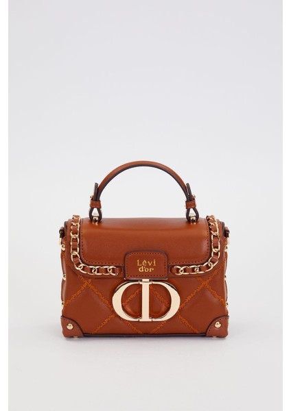 Kapitone Nakış, Zincir Örgü ve Metal Zımba Detaylı Küçük Boy Kadın El ve Omuz Çantası LV930580 Camel