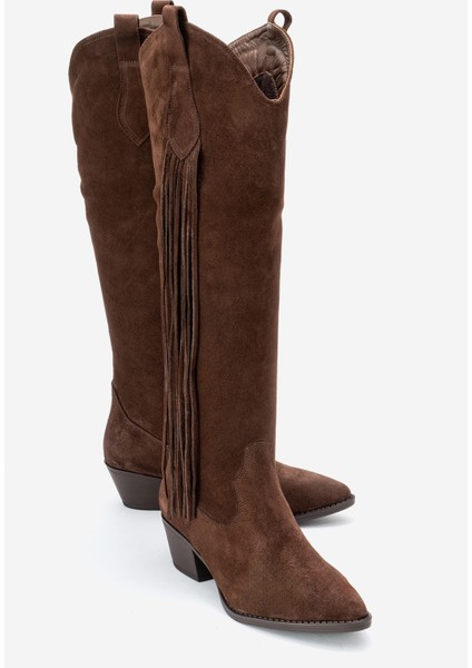 Rios Kahverengi Hakiki Deri Süet Püsküllü Kadın Kalın Topuklu Çizme