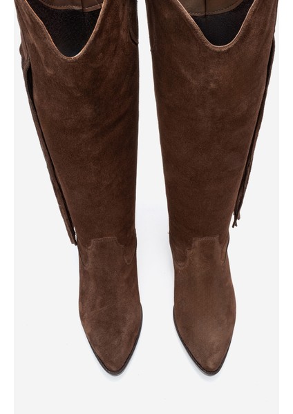 Rios Kahverengi Hakiki Deri Süet Püsküllü Kadın Kalın Topuklu Çizme fiyatları