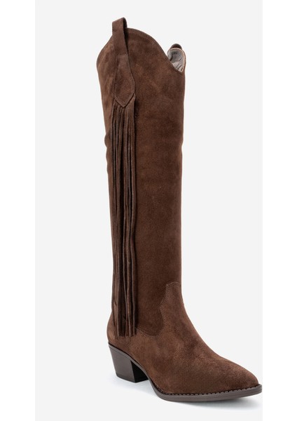 Rios Kahverengi Hakiki Deri Süet Püsküllü Kadın Kalın Topuklu Çizme modelleri