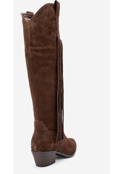 Rios Kahverengi Hakiki Deri Süet Püsküllü Kadın Kalın Topuklu Çizme indirimleri