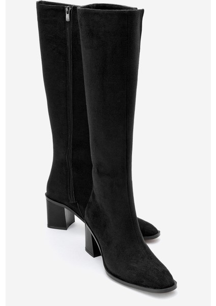 Venıa Siyah Süet Kadın Kalın Topuklu Çizme