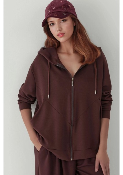 Kadın Modal Touch Fermuarlı Kapşonlu Sweatshirt Kestane Kahvesi