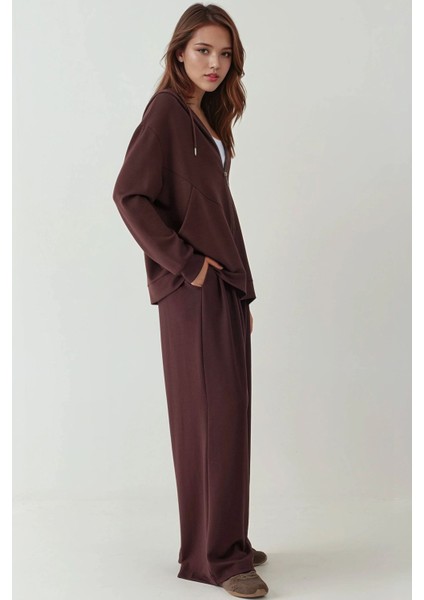 Kadın Modal Touch Fermuarlı Kapşonlu Sweatshirt Kestane Kahvesi modelleri