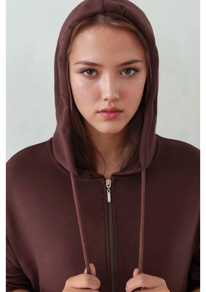 Kadın Modal Touch Fermuarlı Kapşonlu Sweatshirt Kestane Kahvesi indirimleri