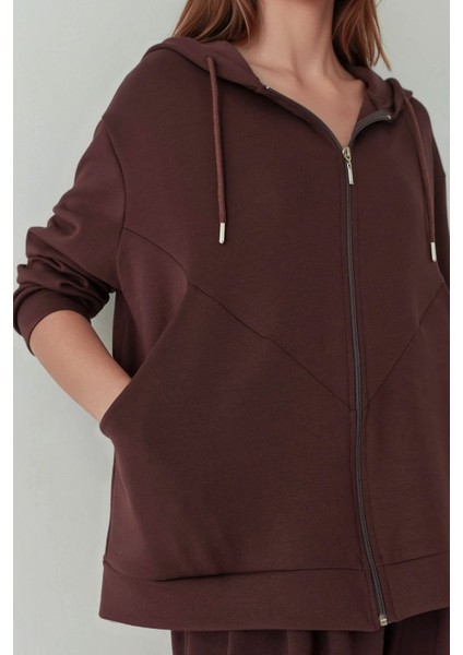 Kadın Modal Touch Fermuarlı Kapşonlu Sweatshirt Kestane Kahvesi