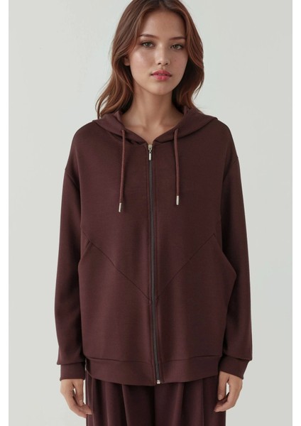 Kadın Modal Touch Fermuarlı Kapşonlu Sweatshirt Kestane Kahvesi
