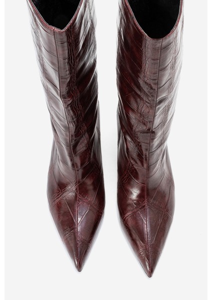 Crow Bordo Baskı Sivri Burunlu Kadın Topuklu Kısa Çizme fiyatları