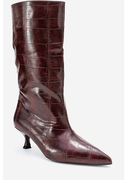 Crow Bordo Baskı Sivri Burunlu Kadın Topuklu Kısa Çizme modelleri