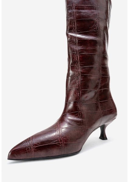 Crow Bordo Baskı Sivri Burunlu Kadın Topuklu Kısa Çizme fırsatları