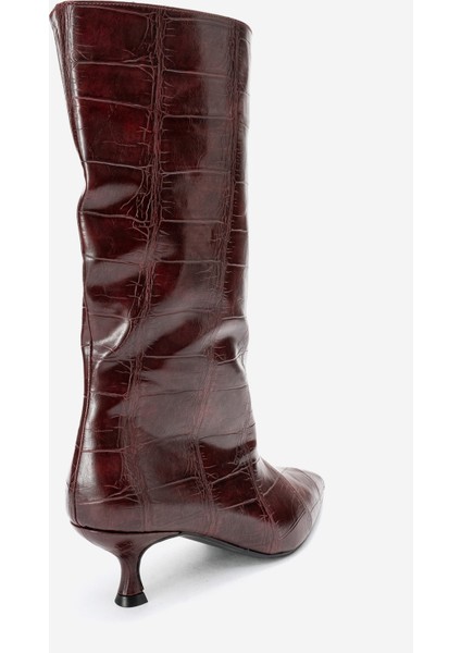 Crow Bordo Baskı Sivri Burunlu Kadın Topuklu Kısa Çizme indirimleri