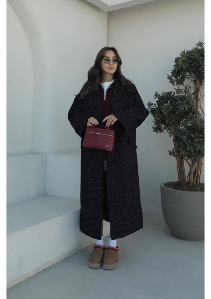 Kışlık Astarlı Balık Sırtı Detaylı Kadın Kaşmir Kaban