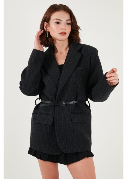 Çizgili Yün Karışımlı Oversize Fit Kruvaze Yaka Kemerli Ceket Bayan Ceket 6839634