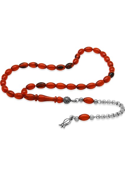 Kararmaz Metal Arnavut Zincir Zülfikar Püsküllü Arpa Kesim Turuncu Mini Boy Ateş Kehribar Tesbih