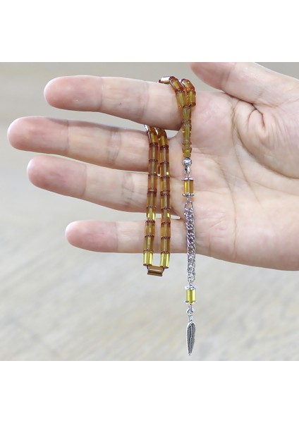 Ateş Kehribar Tesbih - Kararmaz Metal Püsküllü - Mini Boy - Sarı Renk - Kesme Kesim fırsatları