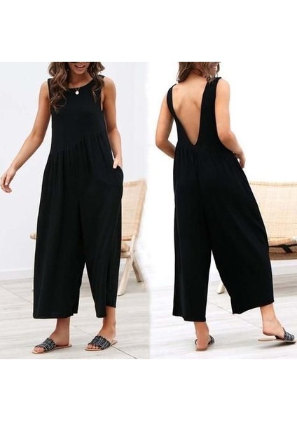 Keten Yazlık Günlük Sırt Dekolteli Salaş Kadın Tulum