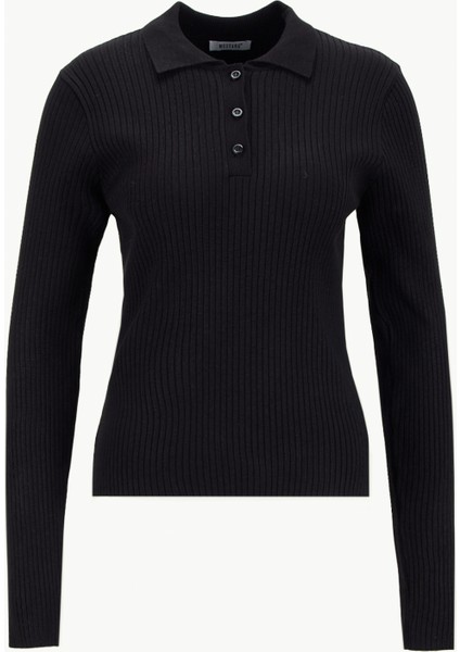 Polo Yaka Basic Düz Siyah Kazak Kadın M5WL-KZK1078