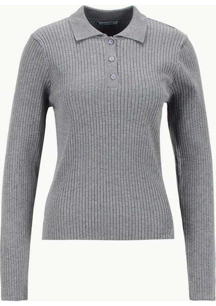 Polo Yaka Basic Düz Gri Kazak Kadın M5WL-KZK1078