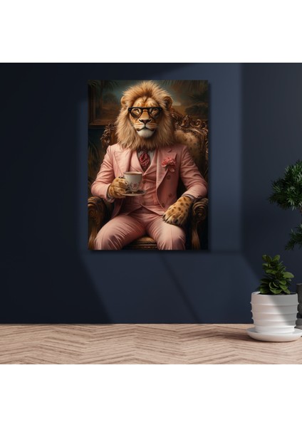 Uv Digital Baskı Takım Elbiseli Aslan Kral Cam Duvar Tablo Ev ve Ofis