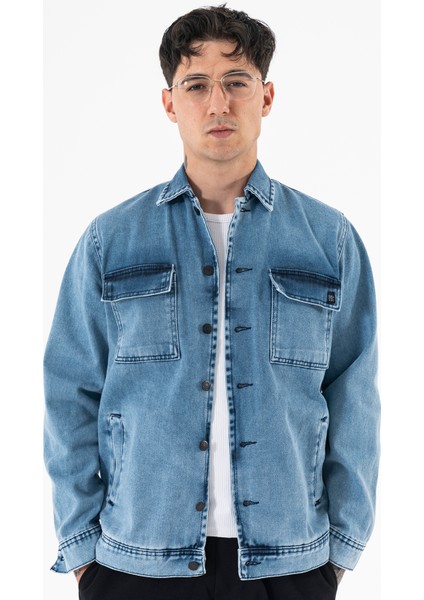 Erkek Buz Mavisi Kot Ceket Relax Fit Kapaklı Çift Cepli Gömlek Yaka