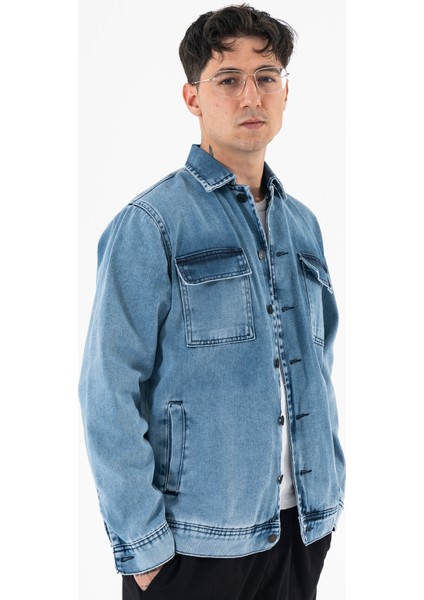 Erkek Buz Mavisi Kot Ceket Relax Fit Kapaklı Çift Cepli Gömlek Yaka fiyatları