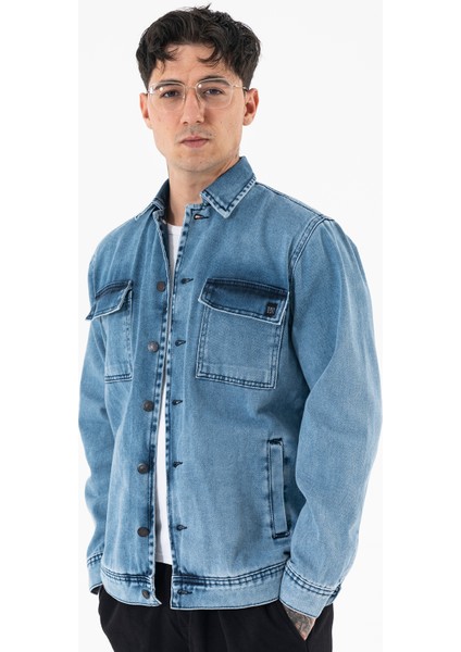 Erkek Buz Mavisi Kot Ceket Relax Fit Kapaklı Çift Cepli Gömlek Yaka modelleri