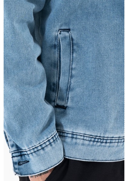 Erkek Buz Mavisi Kot Ceket Relax Fit Kapaklı Çift Cepli Gömlek Yaka