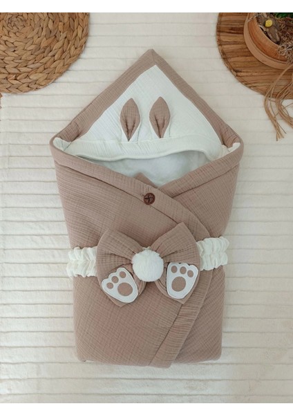 Yenidoğan 4 Kat Müslin Kumaş Kulaklı Patili Fiyonk Bebek Battaniyesi Kundak Yeşil