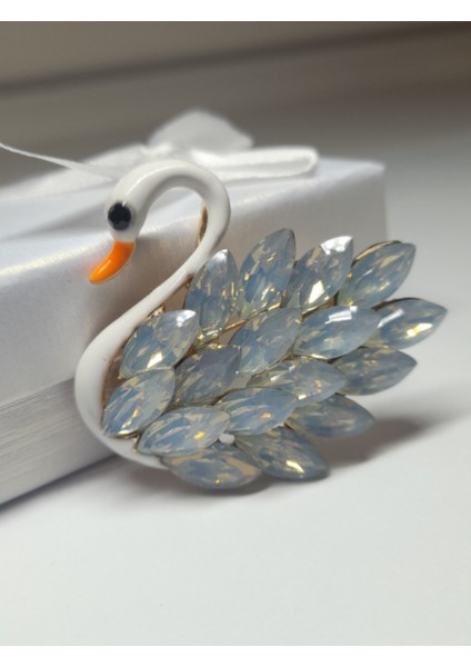 Mekik Taşlı Mineli Kuğu Broş-4.5 cm