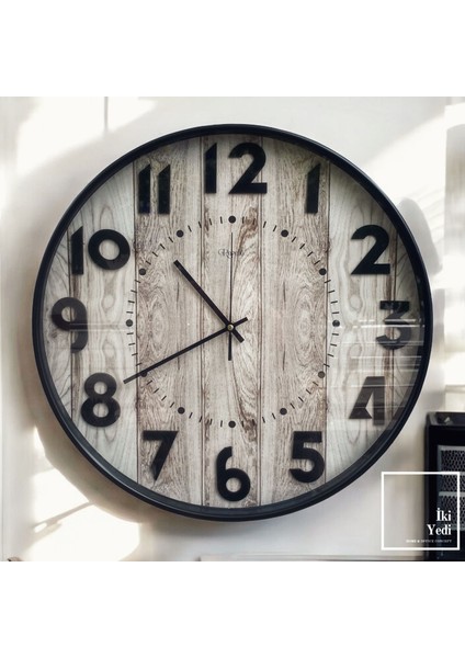 Ajaccio 50 cm Ahşap Desenli Duvar Saati Sessiz Mekanizmalı Dekoratif Saat Ev Ofis Dekoru