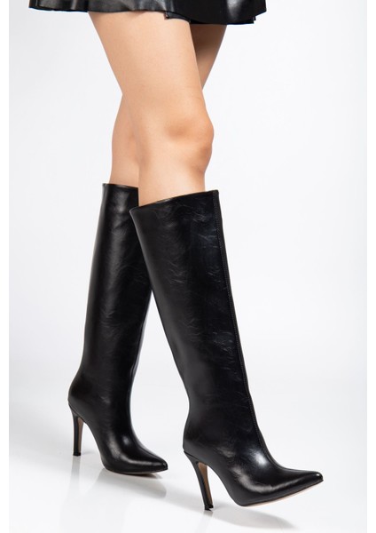 SYT-2004 Siyah Kırışık Rugan Günlük Bayan Çizme modelleri