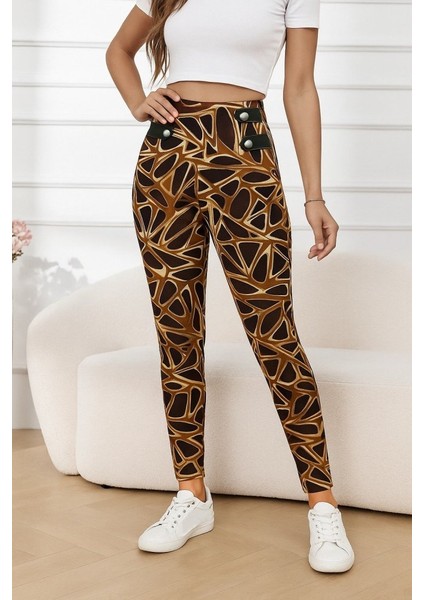 Kadın Yüksek Bel Kaz Ayağı Desenli Yan Şerit Düğme Detaylı Dalgıç Pantolon