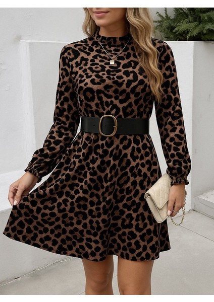 Kadın Uzun Kollu Yarı Balıkçı Yaka Leopar Desenli Kadife Elbise modelleri