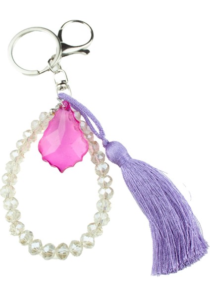 Kristal Boncuklu Pembe Detaylı Püsküllü Anahtarlık