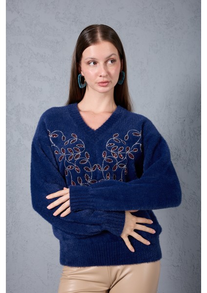 Kadın Koyu Laci Sakal Iplik Önü Boncuk Nakışlı Balon Kollu V Yaka Triko Kazak fiyatları