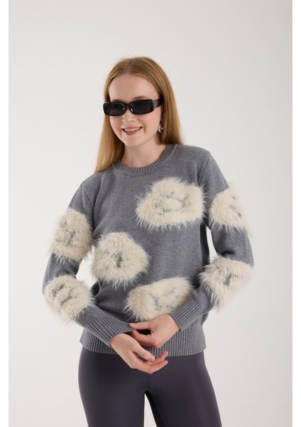 Kadın Gri Sakal Iplik Bisiklet Yaka Triko Kazak