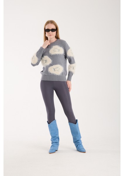 Kadın Gri Sakal Iplik Bisiklet Yaka Triko Kazak