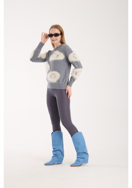 Kadın Gri Sakal Iplik Bisiklet Yaka Triko Kazak