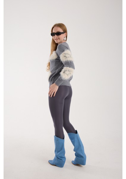 Kadın Gri Sakal Iplik Bisiklet Yaka Triko Kazak