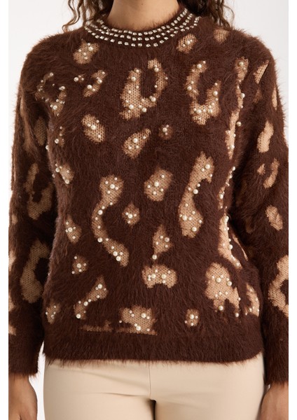 Kadın Acı Kahve Sakal Iplik Taş ve Inci Detaylı Bisiklet Yaka Triko Kazak fırsatları