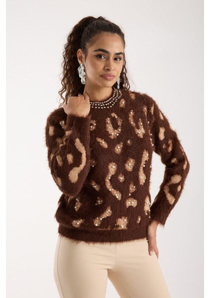 Kadın Acı Kahve Sakal Iplik Taş ve Inci Detaylı Bisiklet Yaka Triko Kazak indirimleri