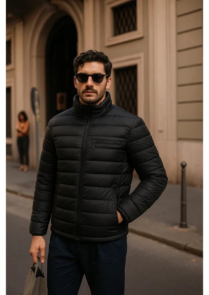 Erkek Comfort Fermuarlı Günlük Kışlık Siyah Şişme Mont